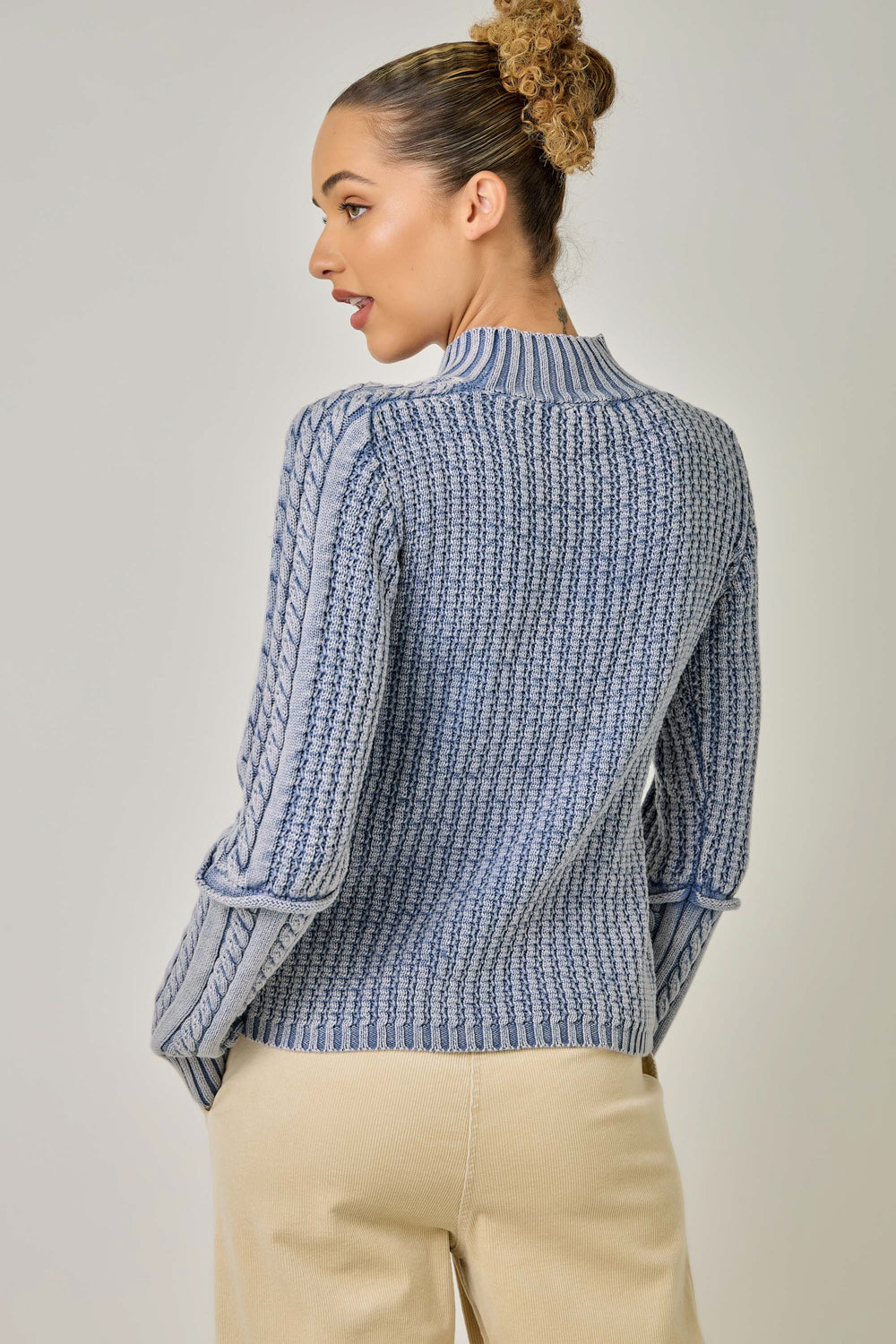 Cotton Washed Cable Knit Mock Neck Sweater