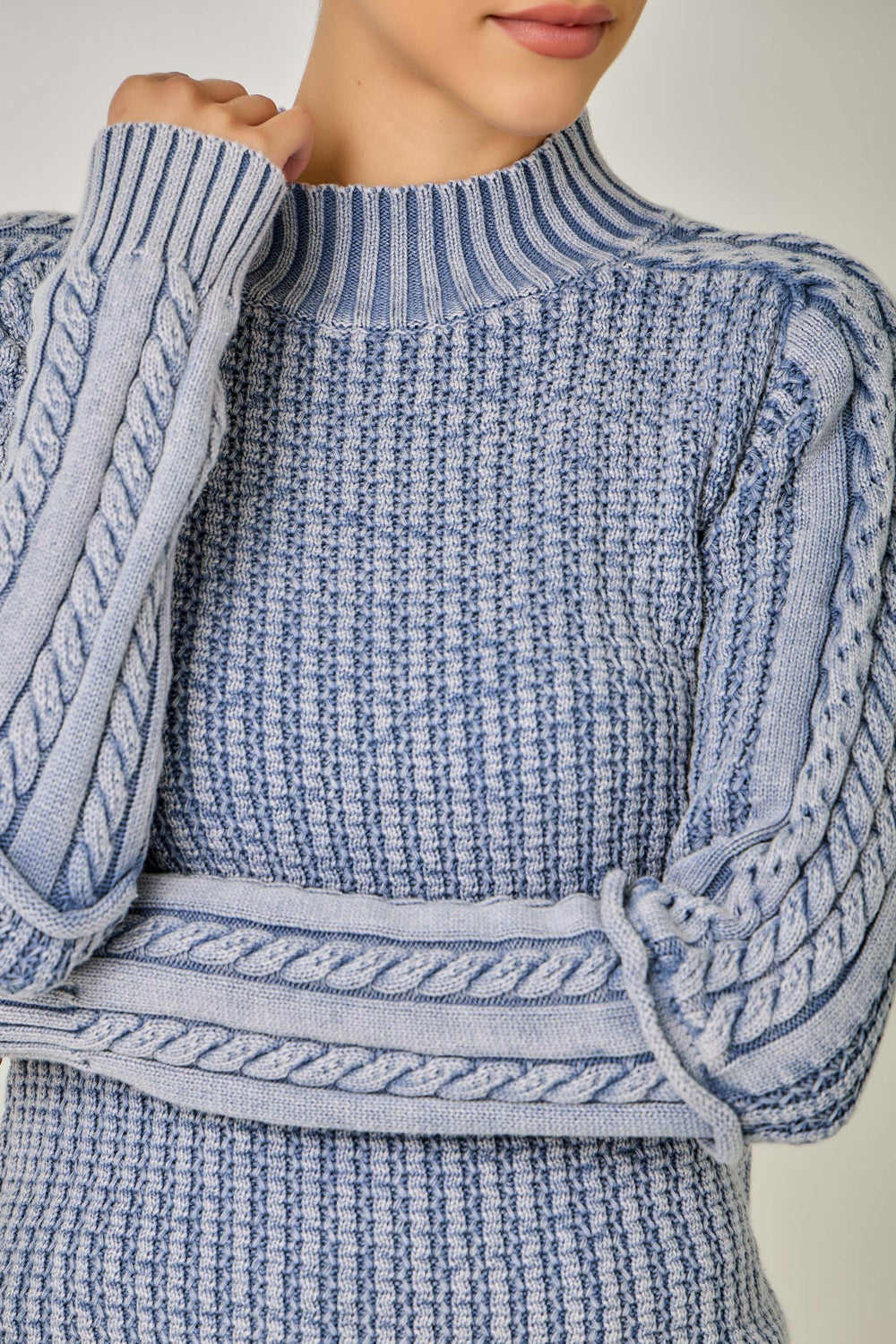 Cotton Washed Cable Knit Mock Neck Sweater