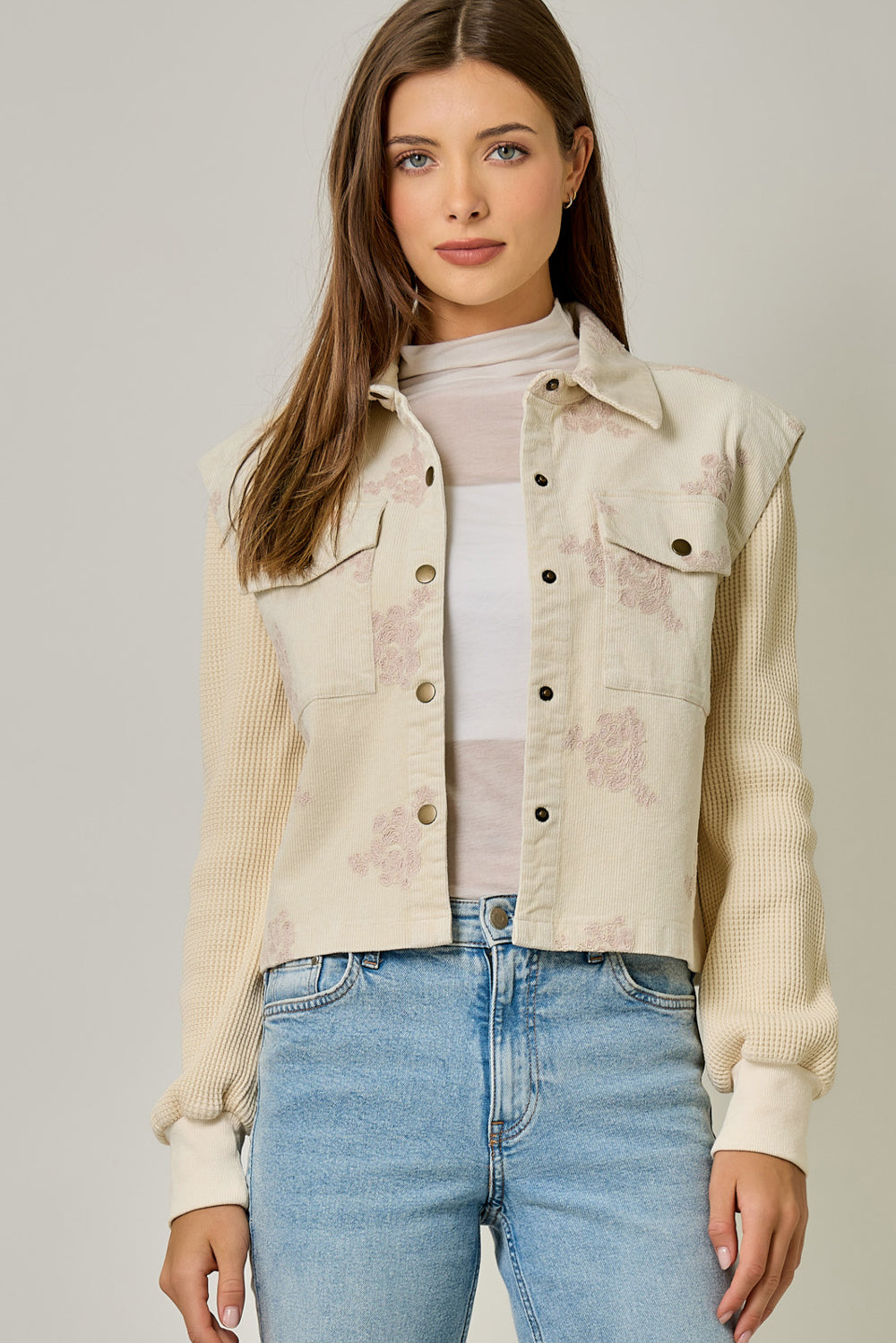Floral Embroidered Jacket with Sweater Sleeves