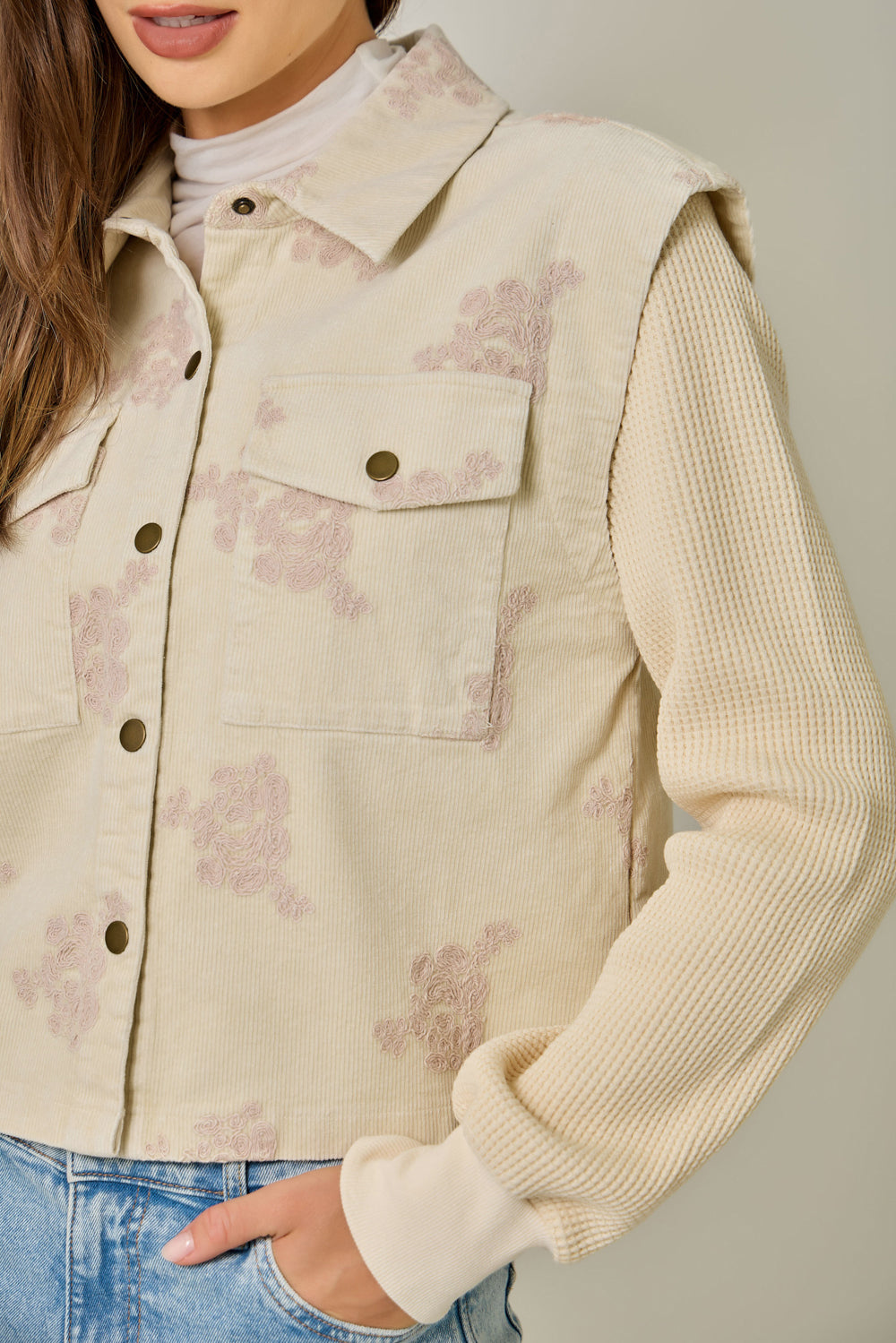 Floral Embroidered Jacket with Sweater Sleeves