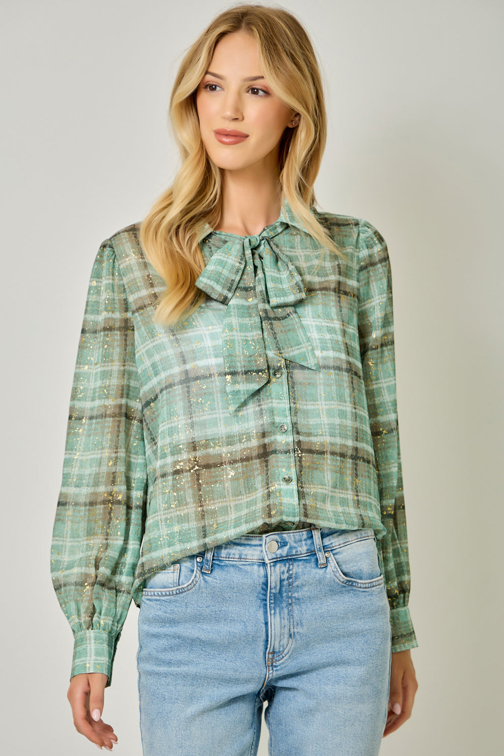 Metallic Plaid Tie Neck Blouse