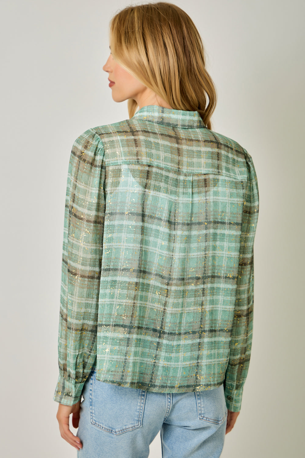 Metallic Plaid Tie Neck Blouse