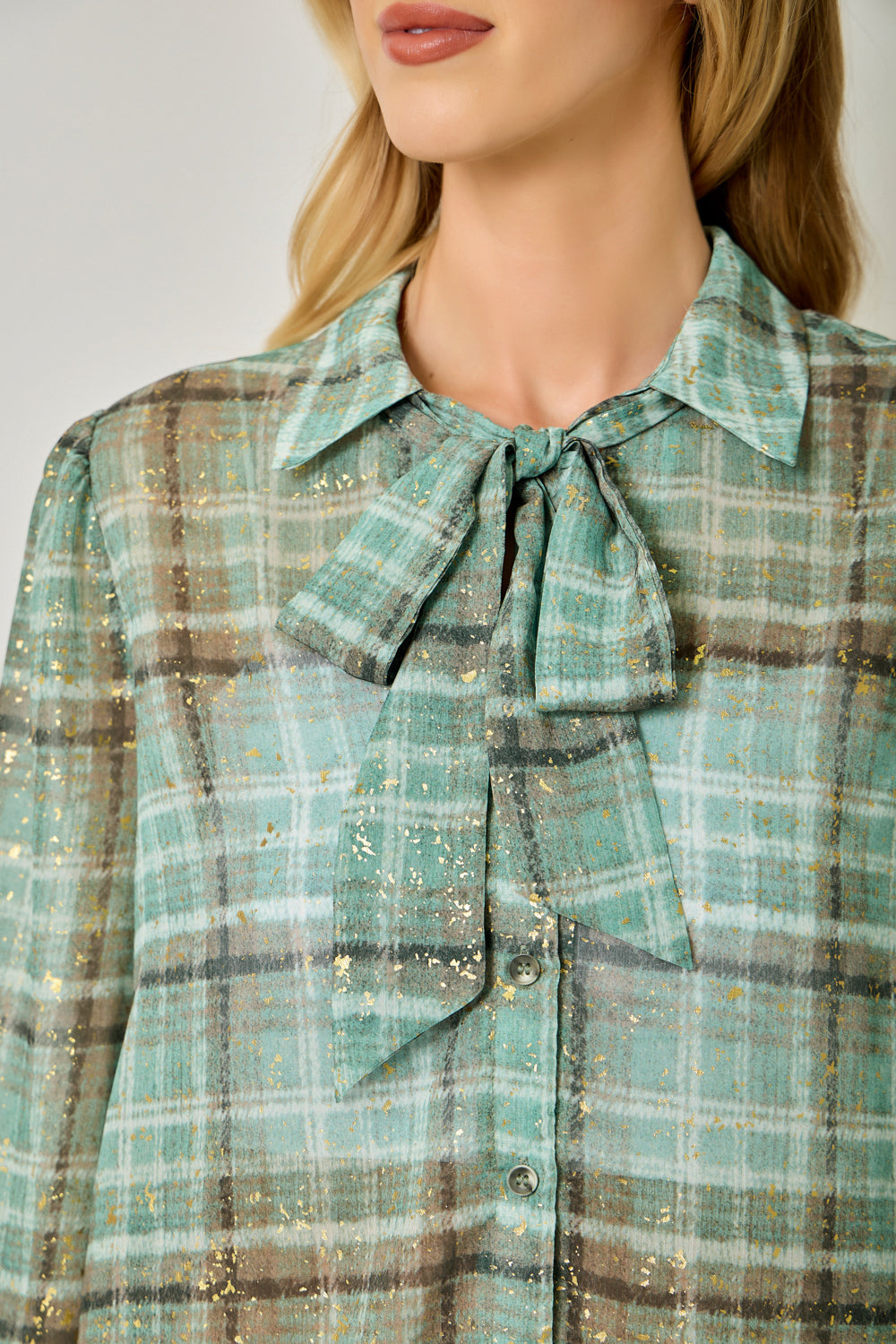 Metallic Plaid Tie Neck Blouse