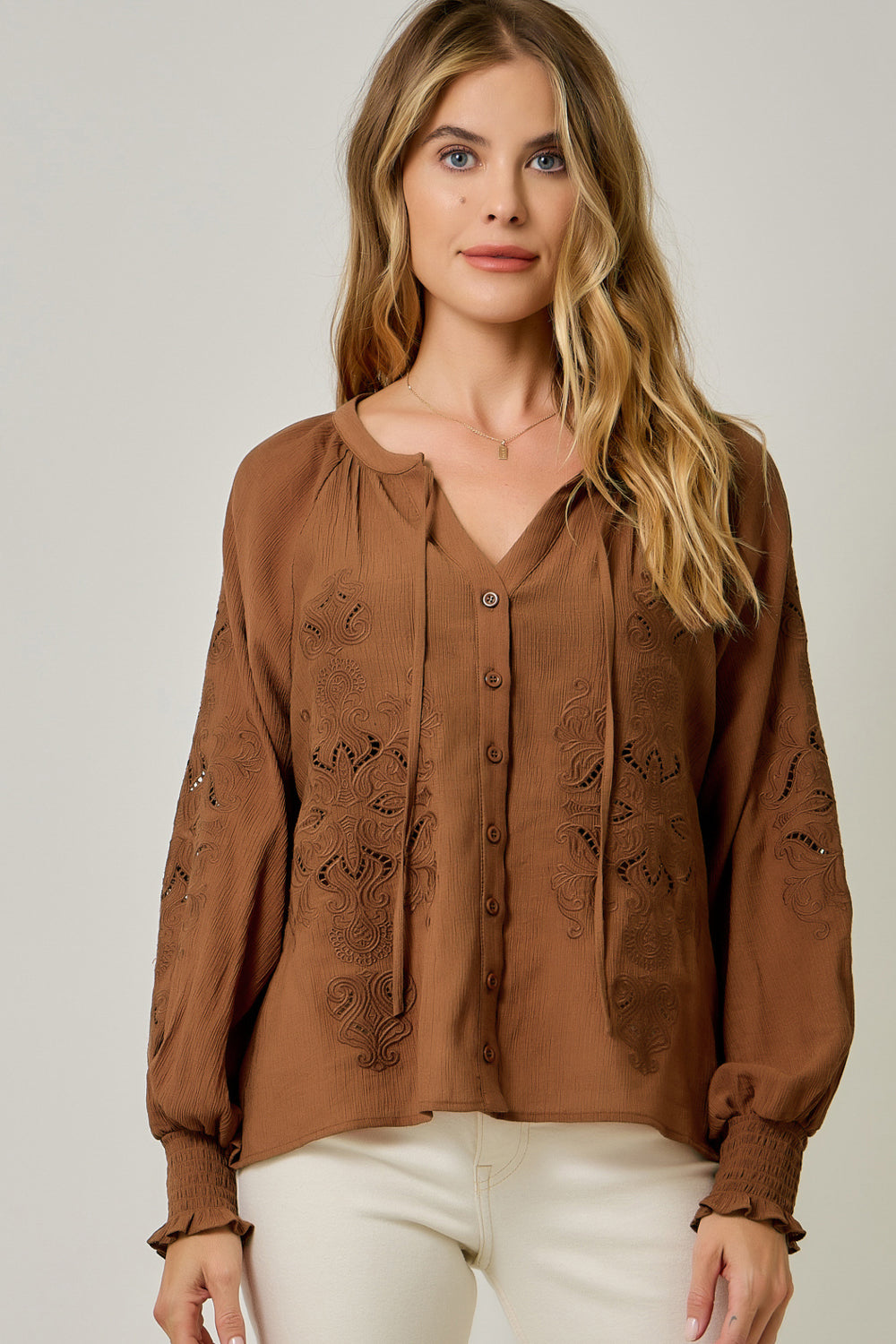 Embroidered Wrinkle Texture Blouse