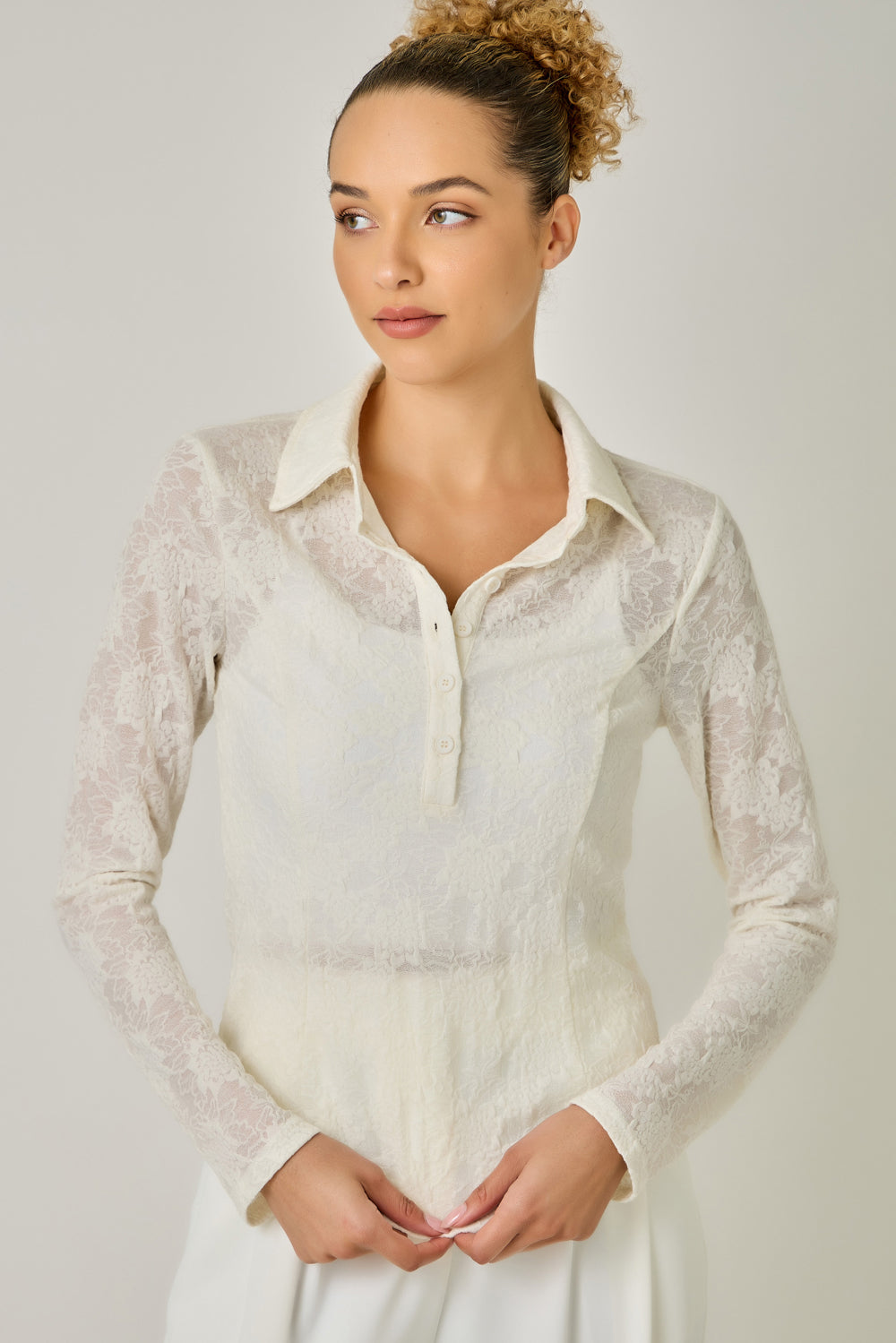 Lace Polo Neck Buttoned Top