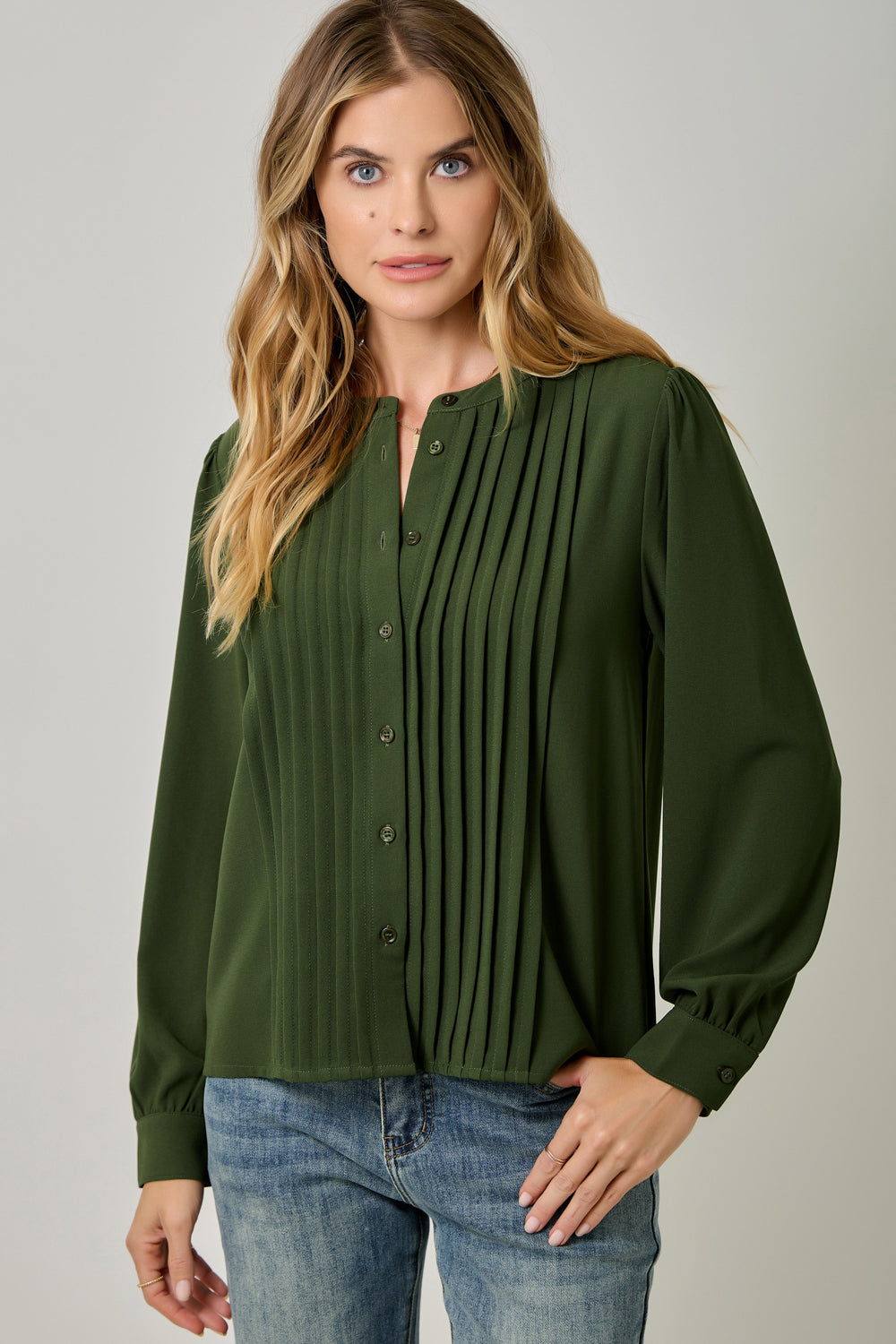 Front Pleated Button Down Shirt