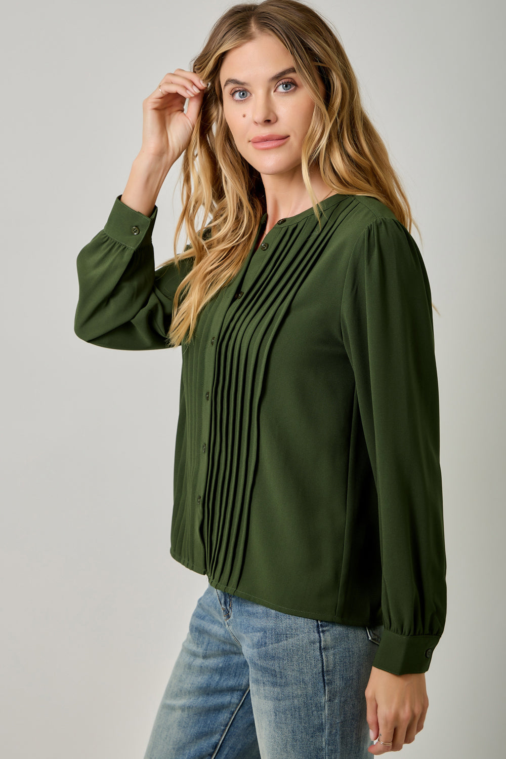 Front Pleated Button Down Shirt