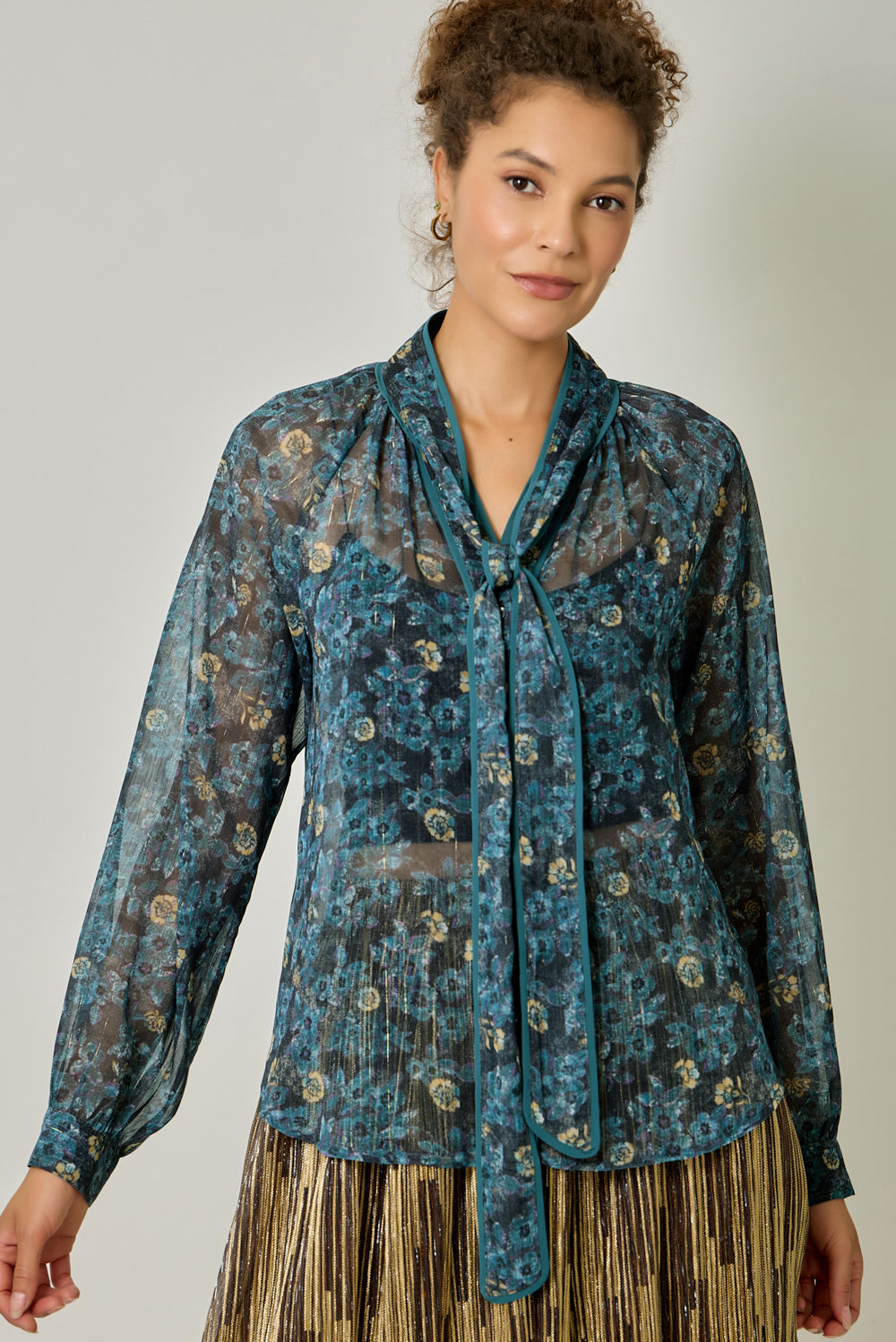 Floral Chiffon Tie-Neck Blouse