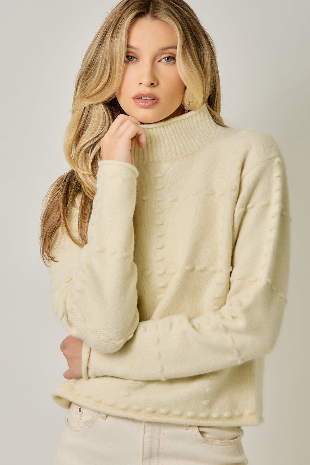 Pompom Grid High Neck Sweater