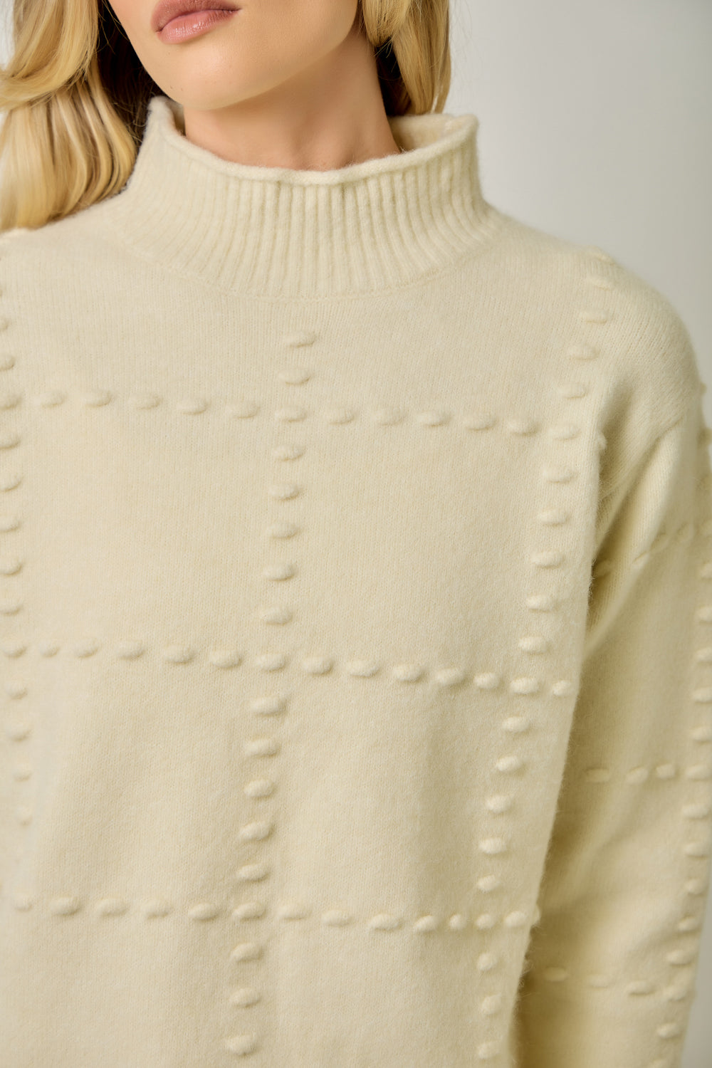Pompom Grid High Neck Sweater