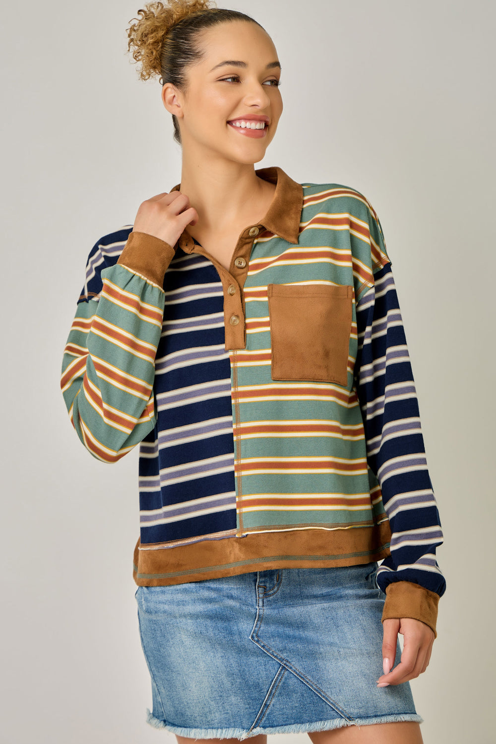 Striped Polo Pullover with Suede Accent