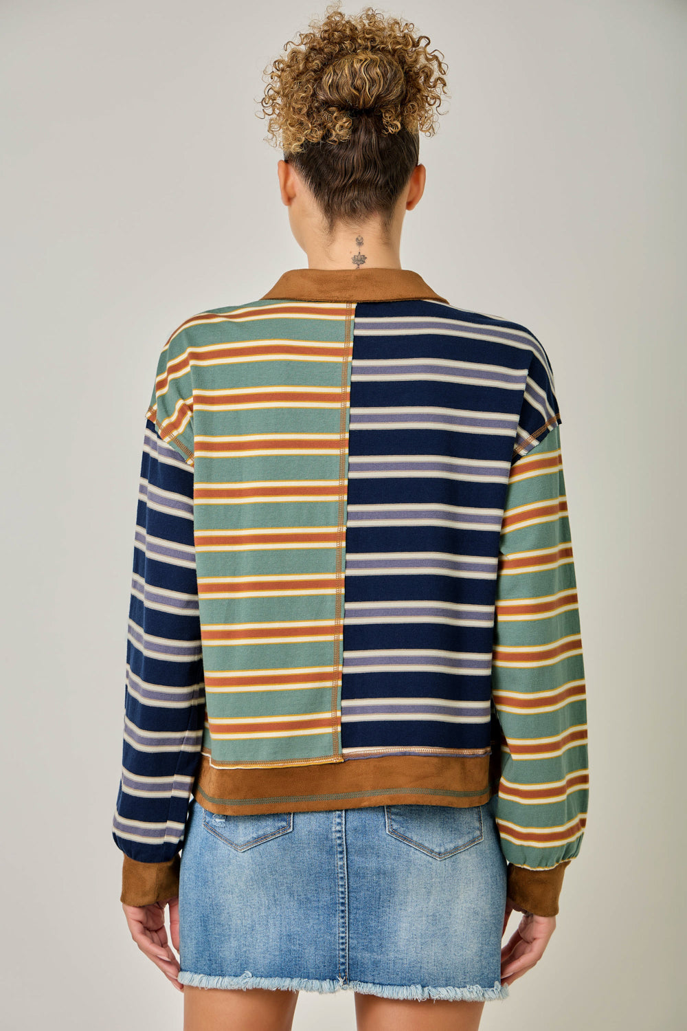 Striped Polo Pullover with Suede Accent