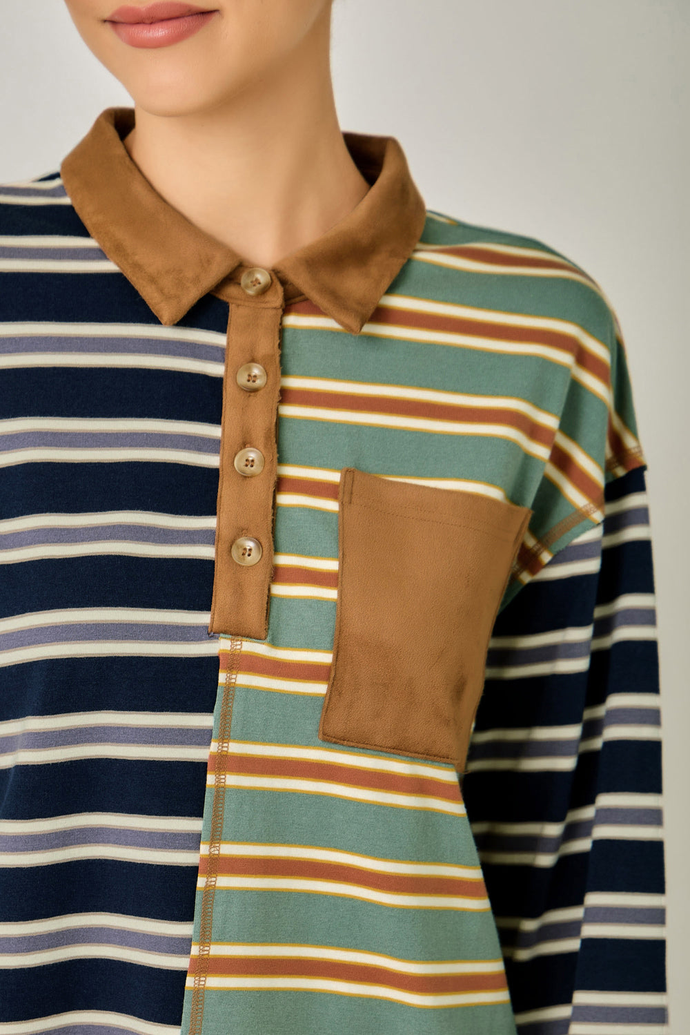 Striped Polo Pullover with Suede Accent