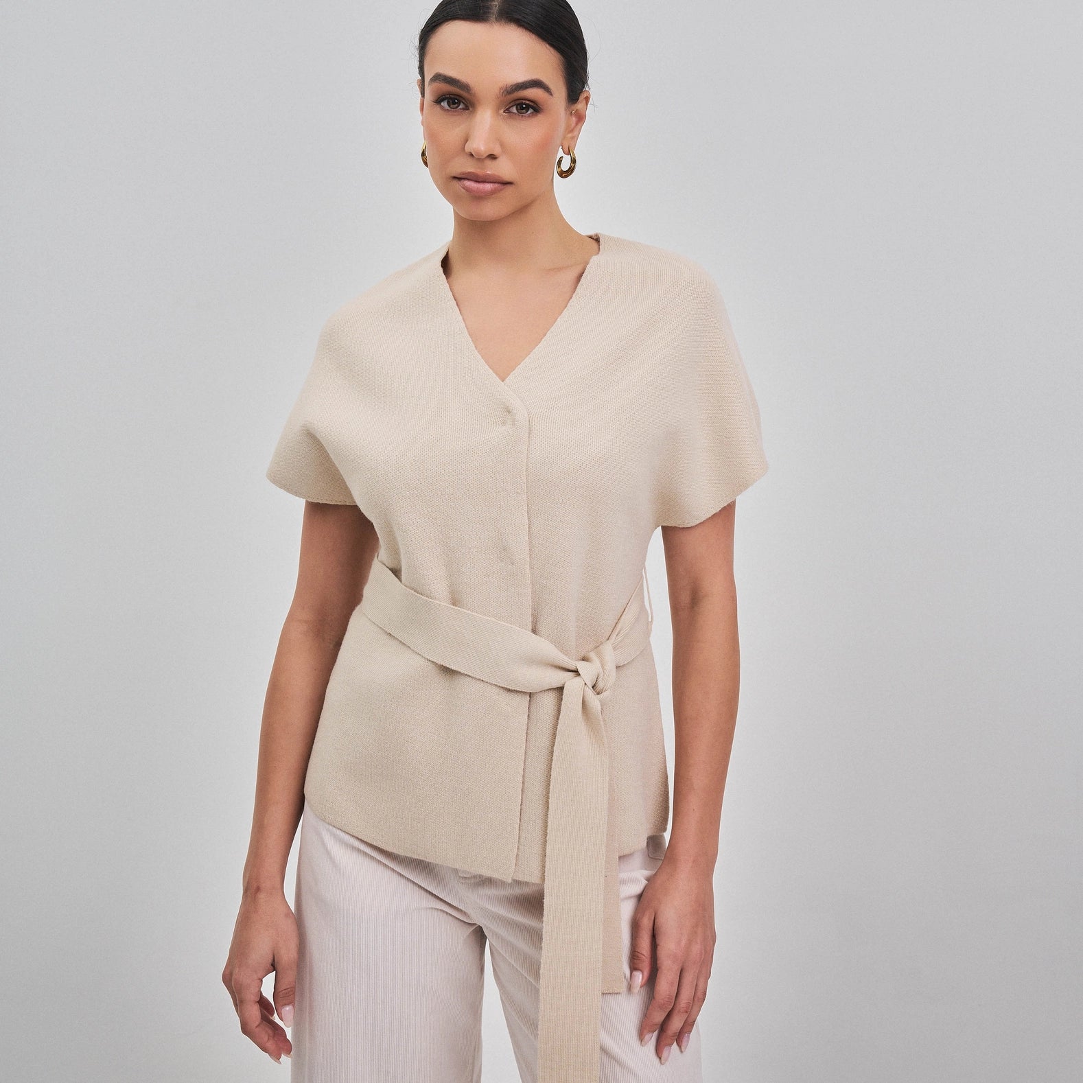 V Neck Tie Waist Short Sleeve Cardigan