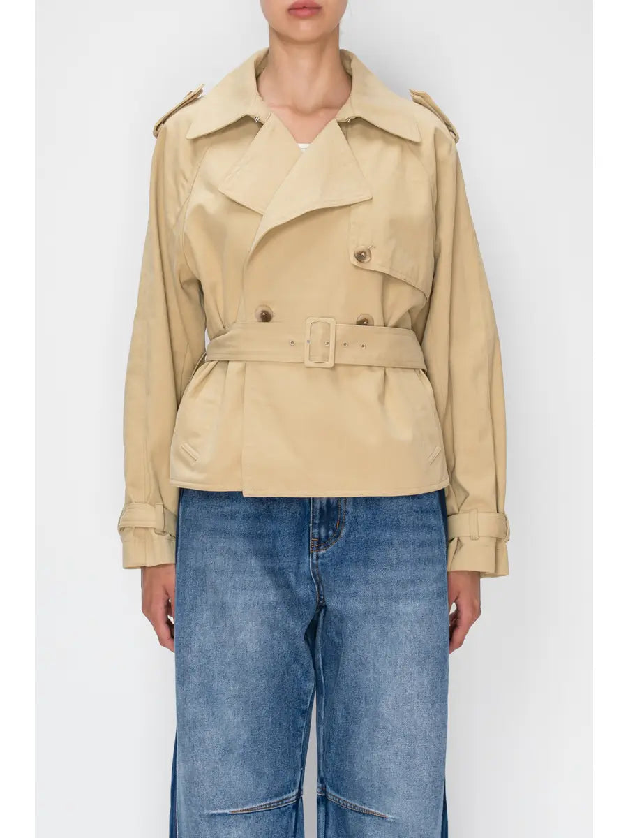 Cotton Double Breasted Belted Cropped Trench Jacket