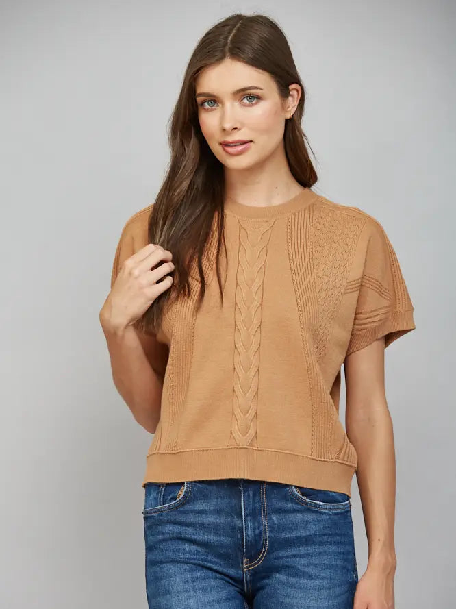 Mixed Knit Short Sleeve Sweater