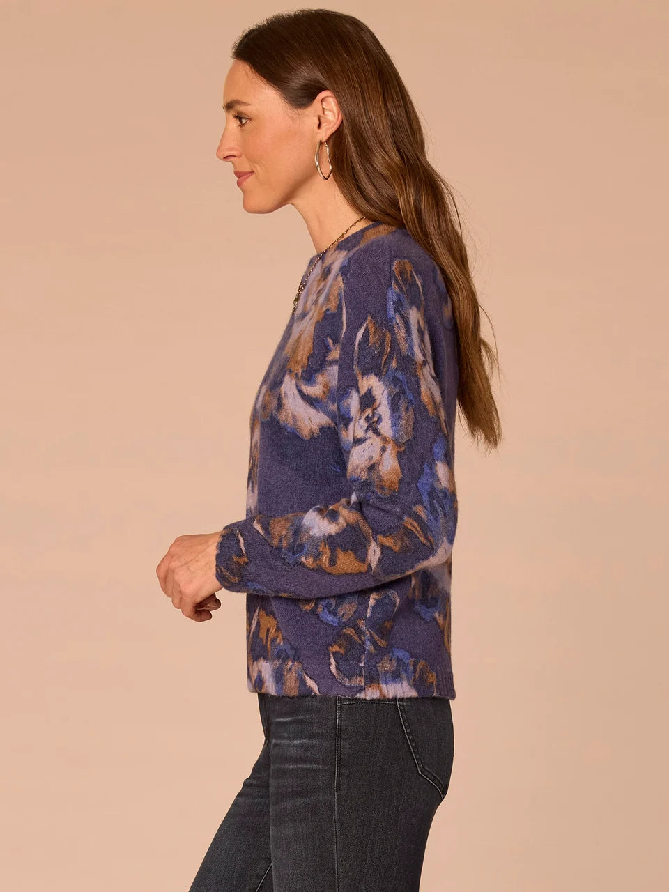 Long Ruched Sleeve Round Mock Neck Abstract Floral Print Sweater