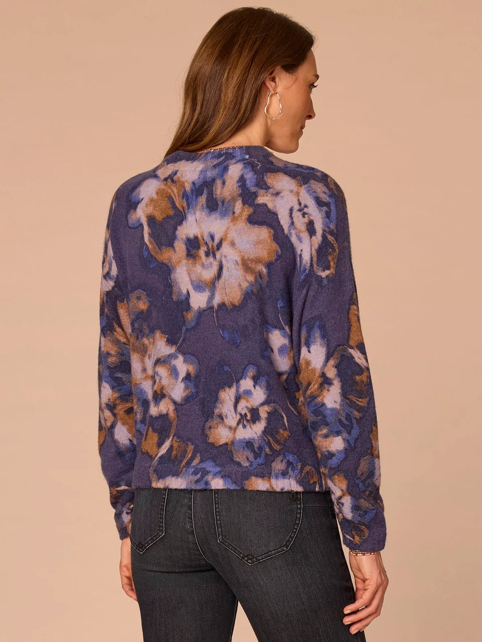 Long Ruched Sleeve Round Mock Neck Abstract Floral Print Sweater