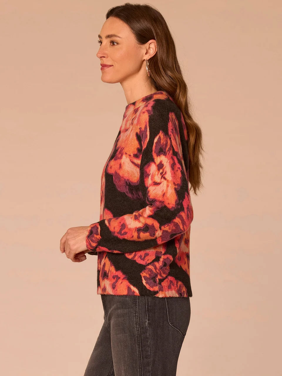 Long Ruched Sleeve Round Mock Neck Abstract Floral Print Sweater