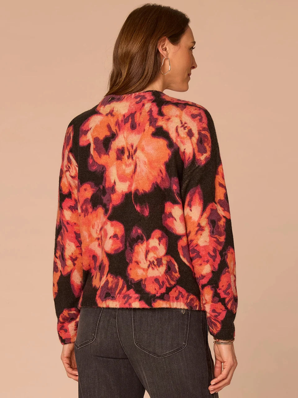 Long Ruched Sleeve Round Mock Neck Abstract Floral Print Sweater