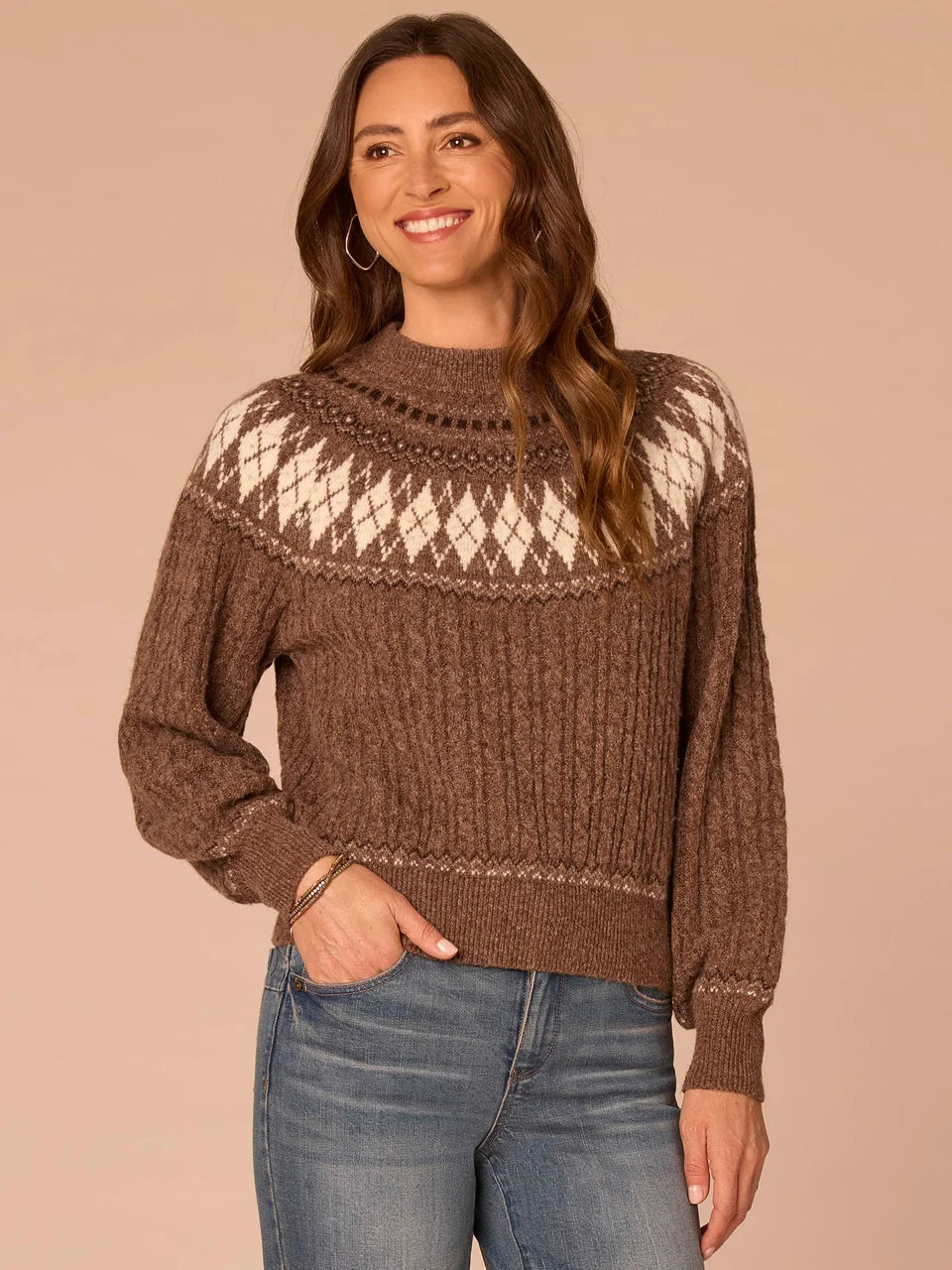 Round Neck Fair Isle Argyle Sweater with Blouson Sleeves