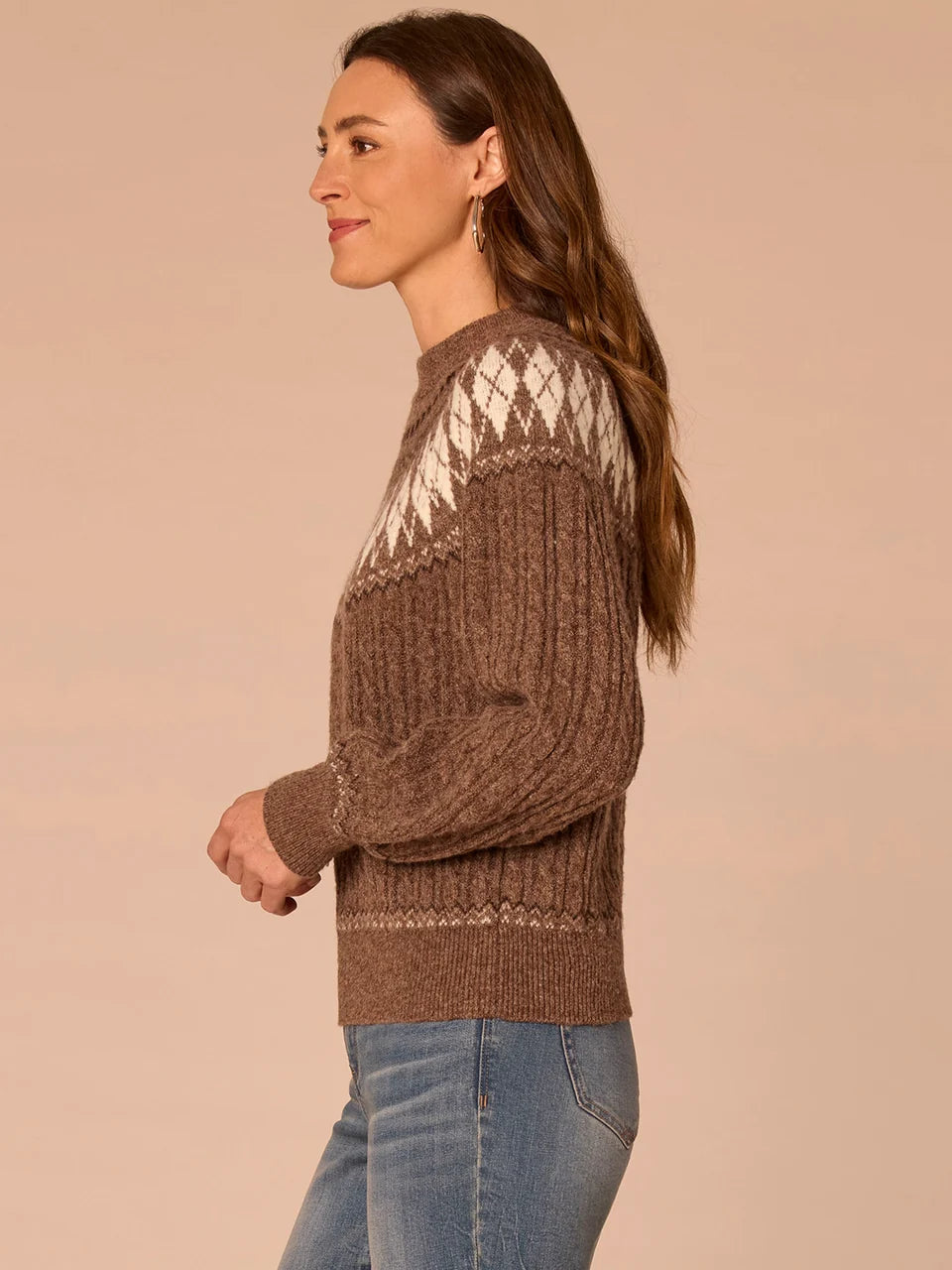 Round Neck Fair Isle Argyle Sweater with Blouson Sleeves