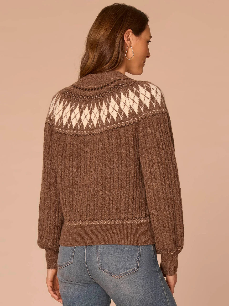 Round Neck Fair Isle Argyle Sweater with Blouson Sleeves