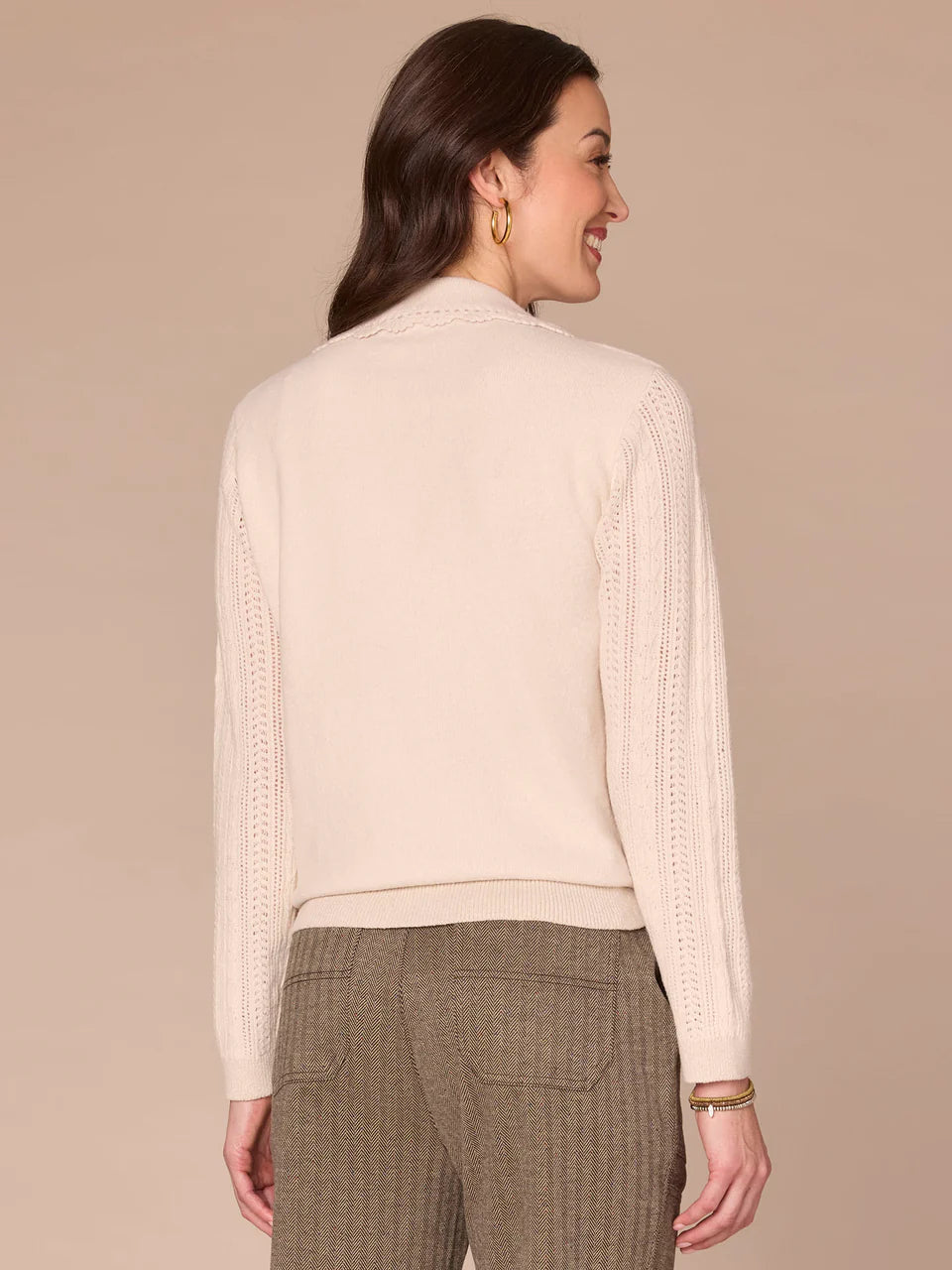 Crochet Scallop V Neck Sweater with Trim Details