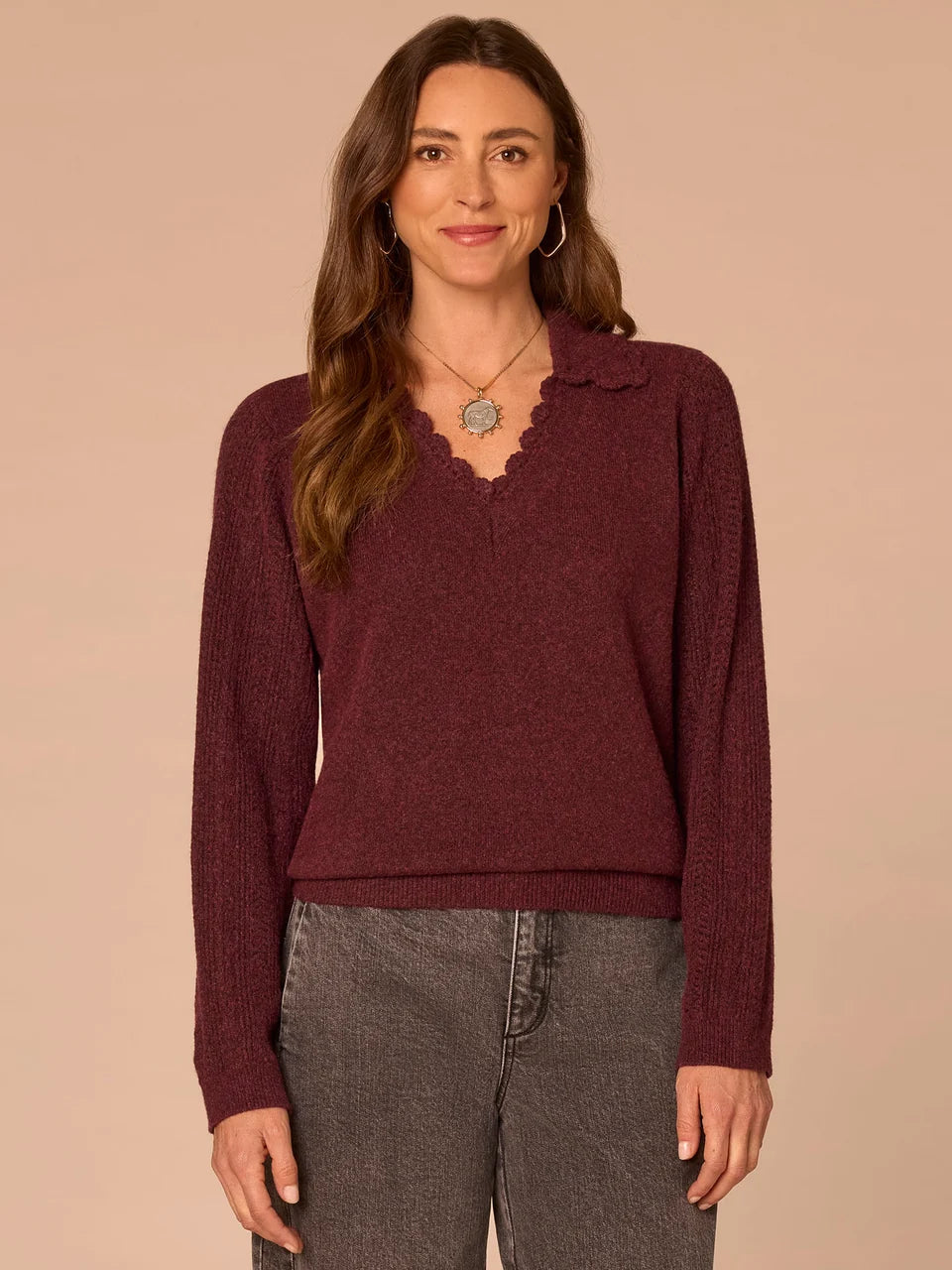 Crochet Scallop V Neck Sweater with Trim Details