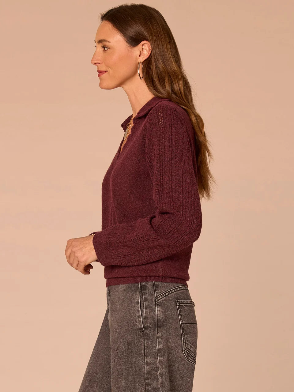 Crochet Scallop V Neck Sweater with Trim Details