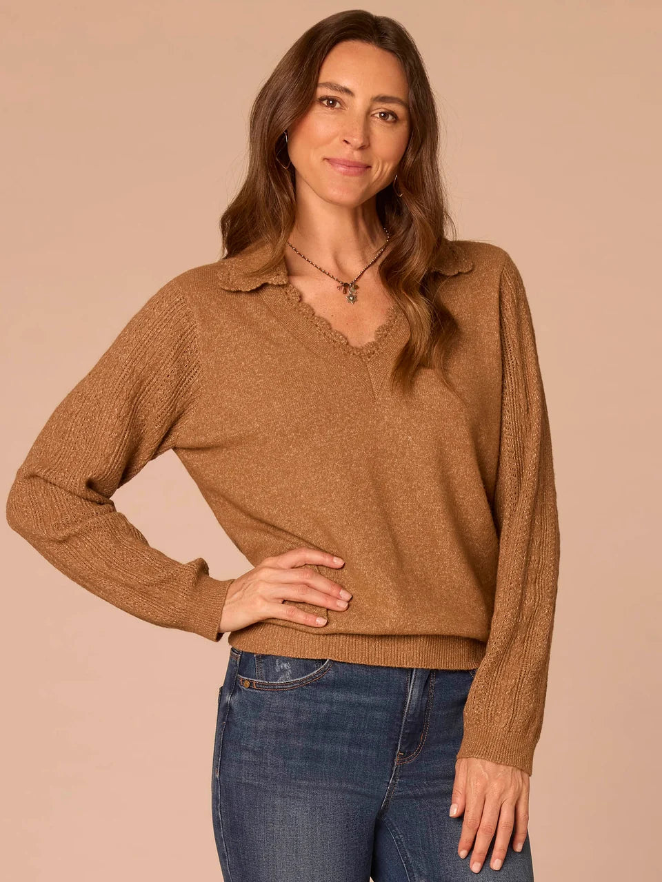 Crochet Scallop V Neck Sweater with Trim Details