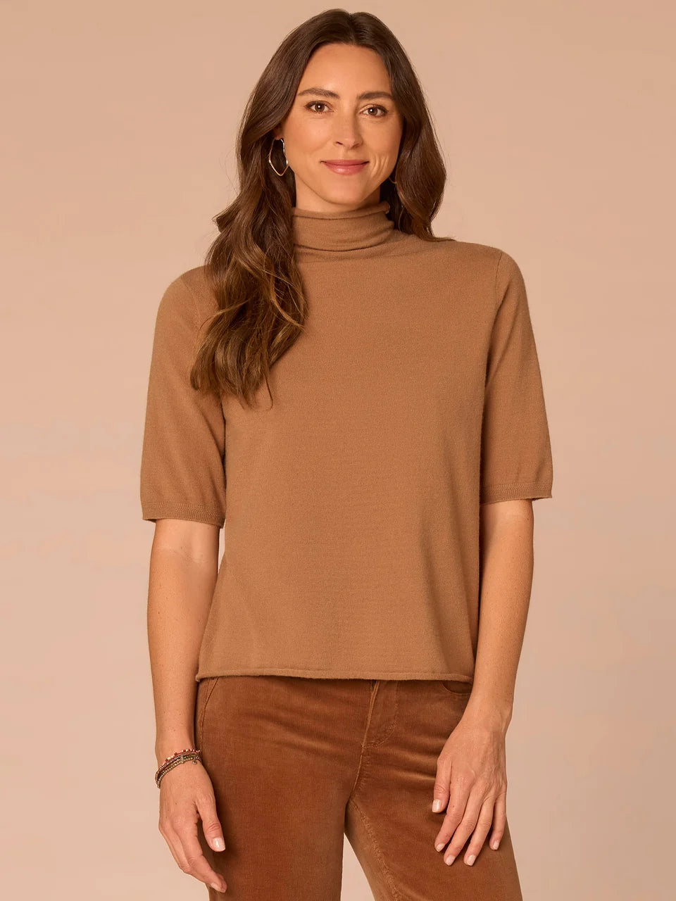 Short Sleeve Sweater with Drapey Mock Neck