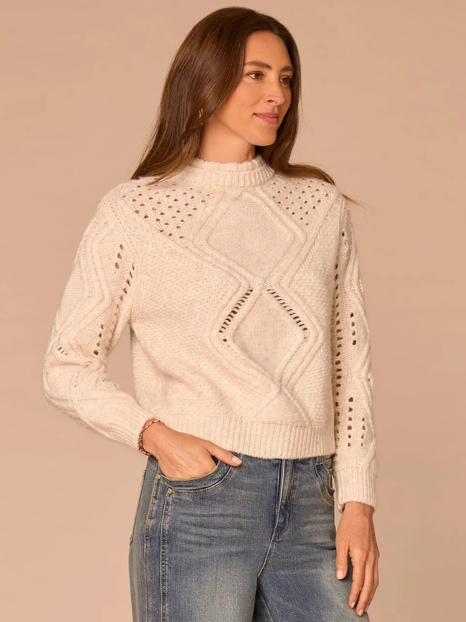 Double Layer Round Neck Cable Stitch Mix Sweater