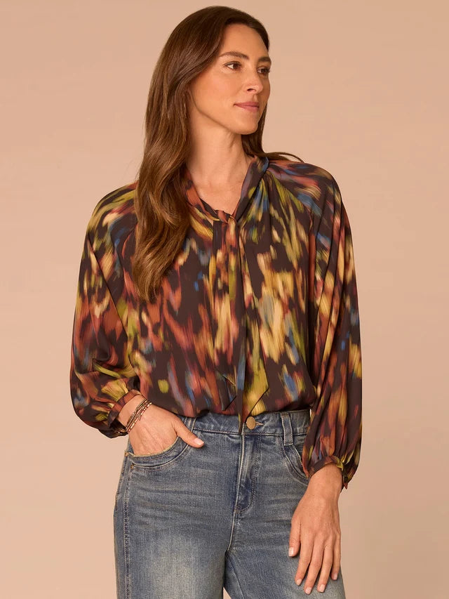 Stand Collar Split Neck Self Tie Printed Woven Top