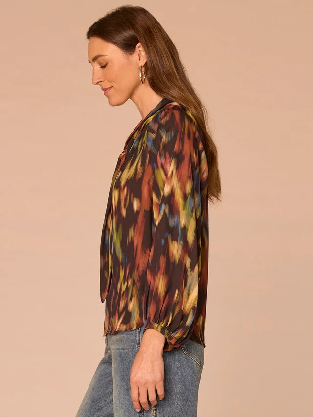 Stand Collar Split Neck Self Tie Printed Woven Top
