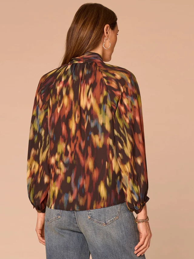 Stand Collar Split Neck Self Tie Printed Woven Top