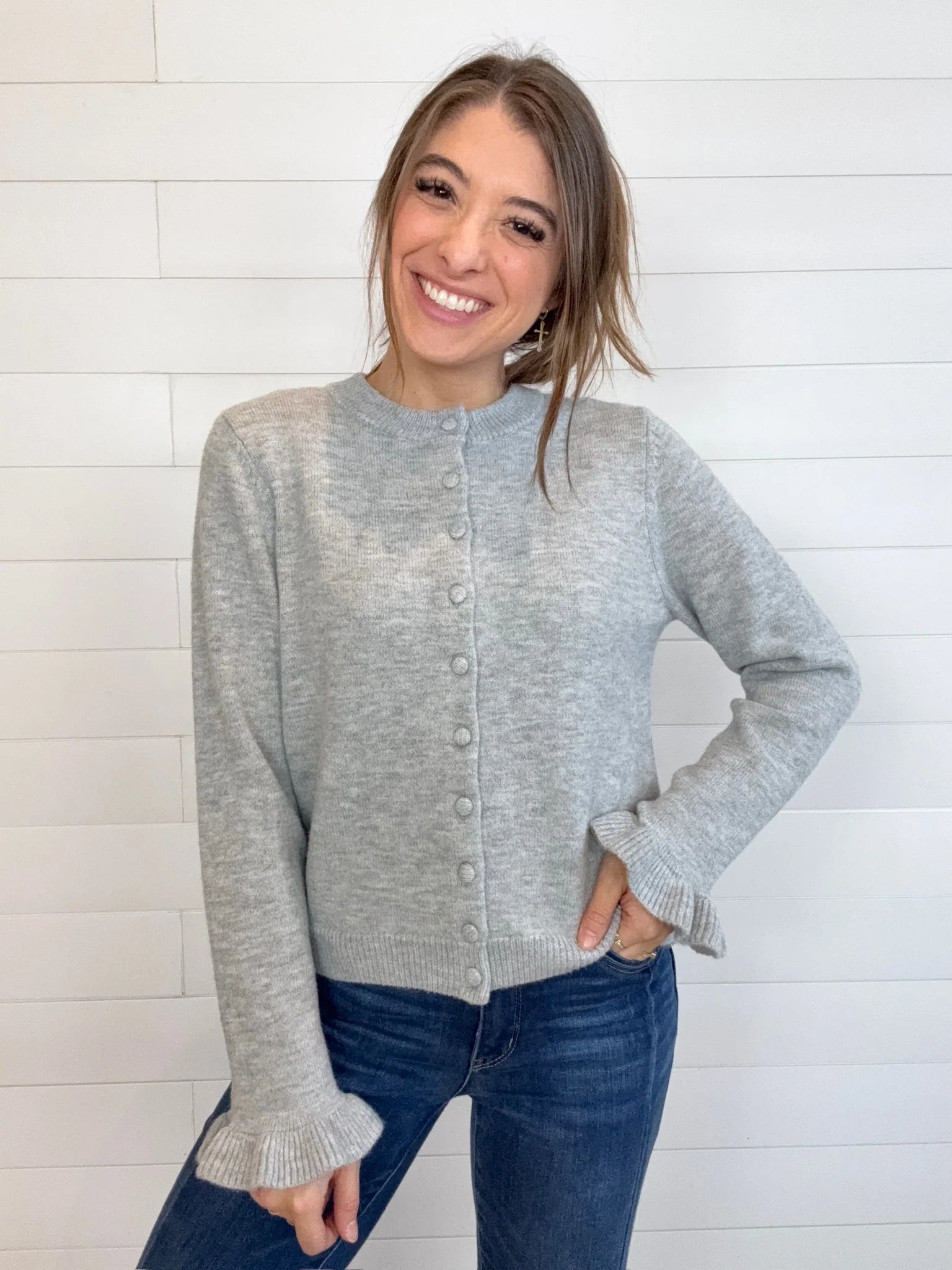 Mac and Me Button Front Knit Cardigan with Ruffle Cuff
