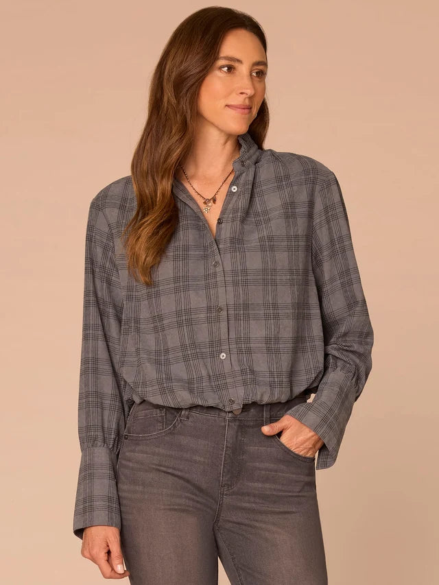 French Cuff Sleeve Hi-Low Ruffle Neck Bubble Hem Plaid Woven Suede Top