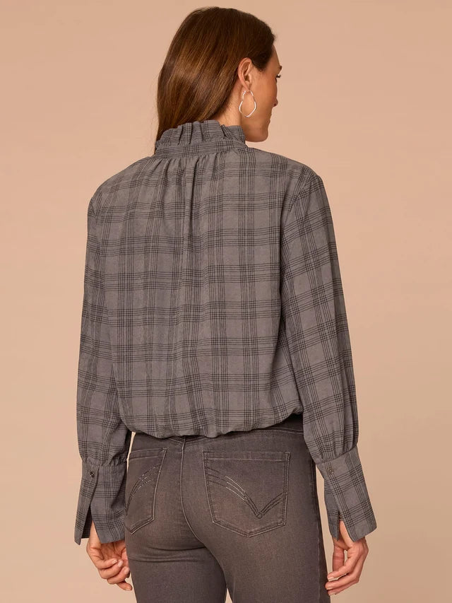 French Cuff Sleeve Hi-Low Ruffle Neck Bubble Hem Plaid Woven Suede Top