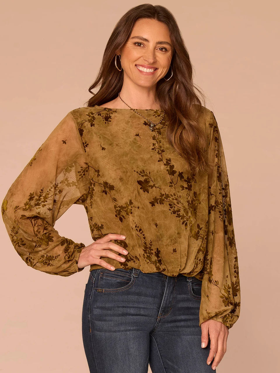 Boat Neck Bubble Hem Abstract Print Knit Top