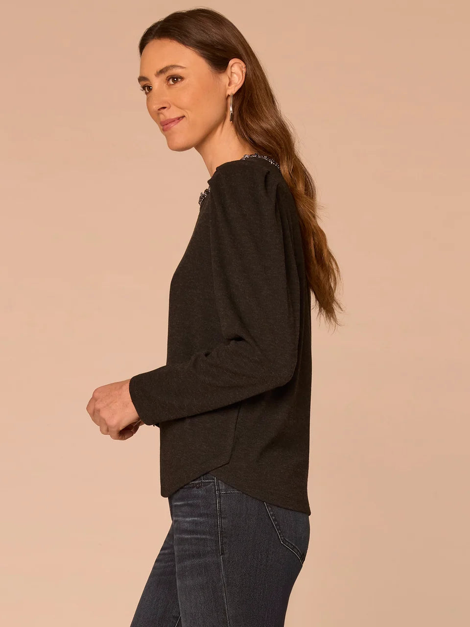 Puff Sleeve Rhinestone Scoop Neck Keyhole Back Knit Top