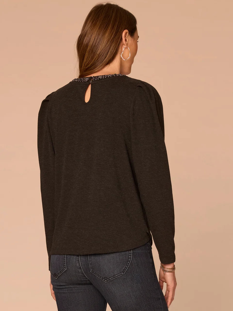 Puff Sleeve Rhinestone Scoop Neck Keyhole Back Knit Top
