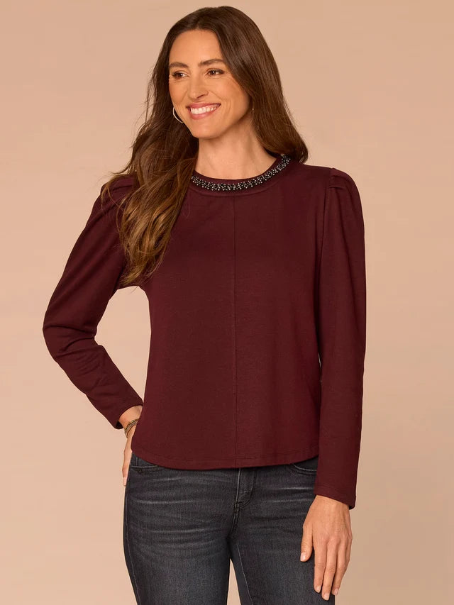 Puff Sleeve Rhinestone Scoop Neck Keyhole Back Knit Top