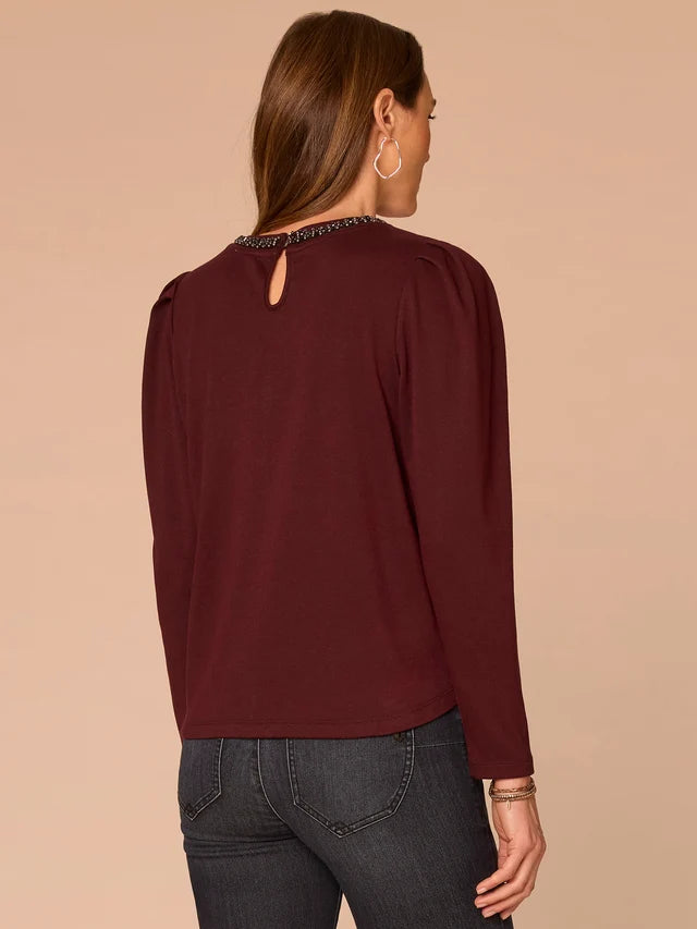 Puff Sleeve Rhinestone Scoop Neck Keyhole Back Knit Top