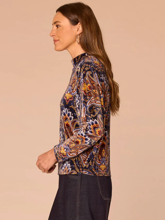 Batwing Sleeve Mock Neck Abstract Placement Print Knit Top