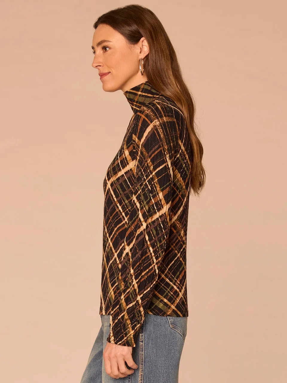 Turtleneck Zip Back Abstract Plaid Print Knit Top