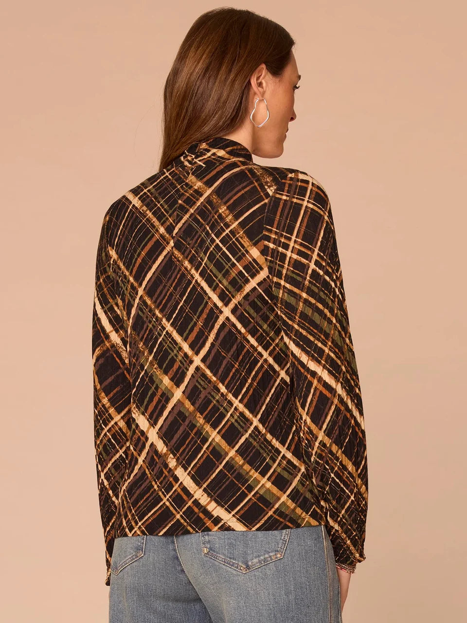 Turtleneck Zip Back Abstract Plaid Print Knit Top