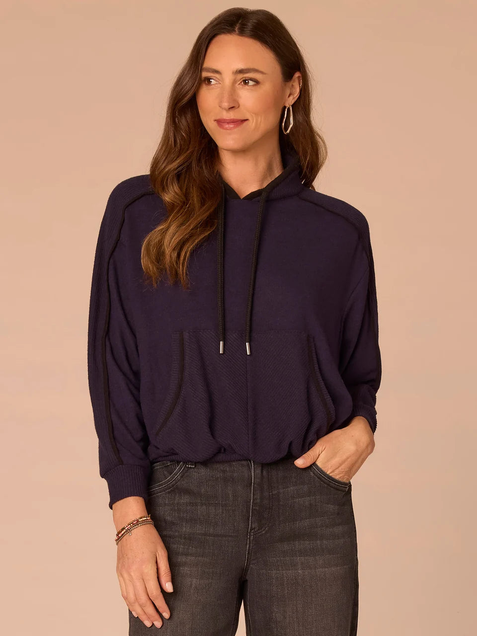 Kangaroo Pocket Bubble Hem Mixed Media Top