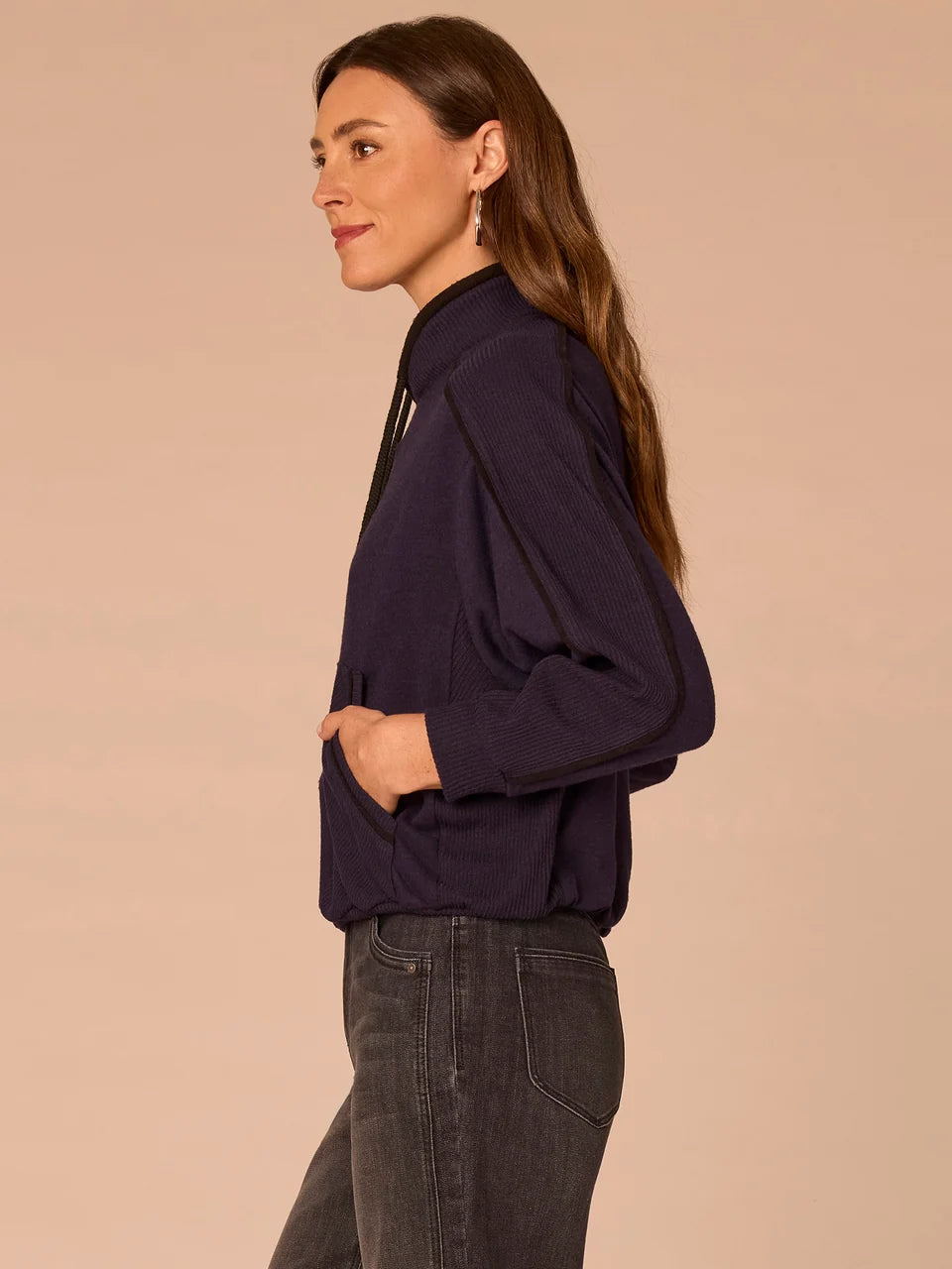 Kangaroo Pocket Bubble Hem Mixed Media Top