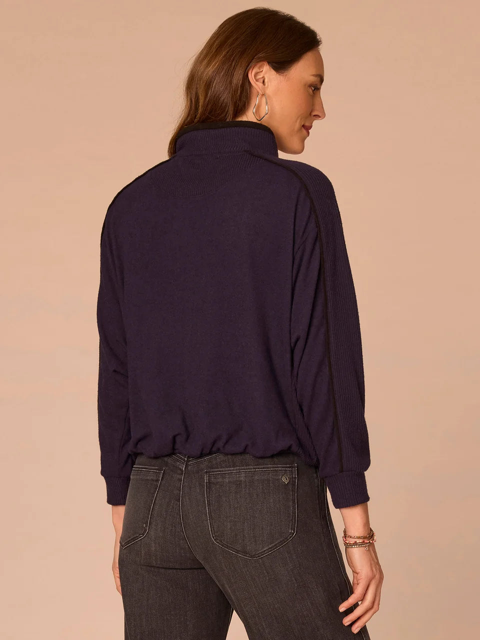 Kangaroo Pocket Bubble Hem Mixed Media Top